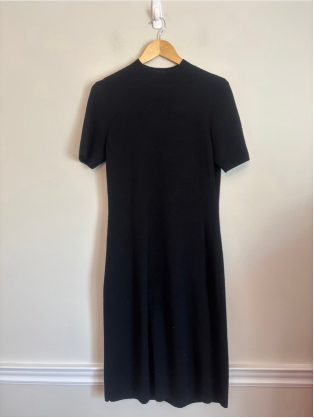 Vintage Spanner Black Woolmark 100% Merino Wool Knit Short Sleeve Midi Dress M
